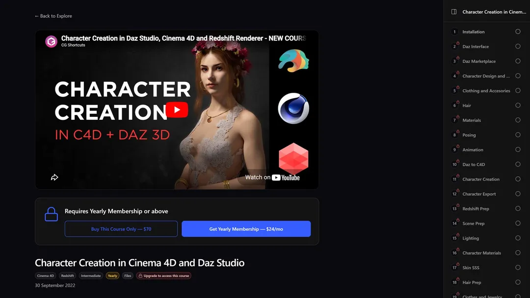 Course viewer with video player and lesson list sidebar