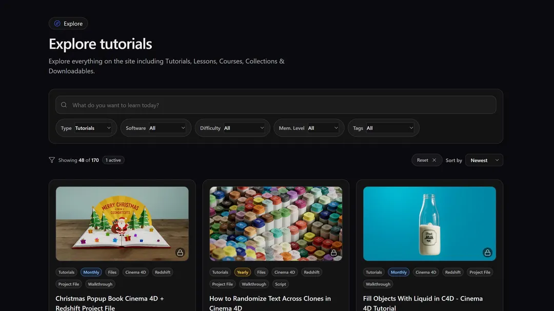 Explore tutorials page with search, filters, and a grid of tutorial cards