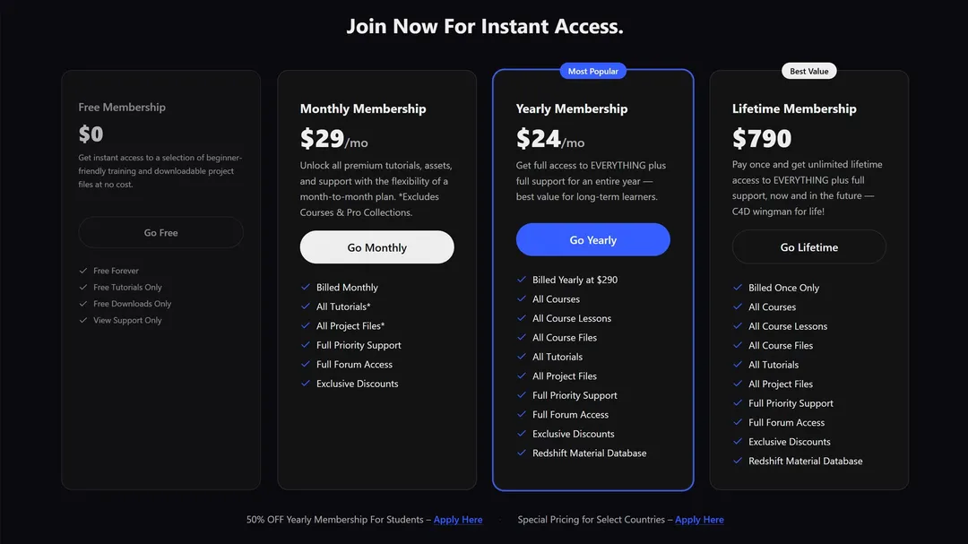 CG Shortcuts pricing page: Free, Monthly, Yearly, and Lifetime membership options