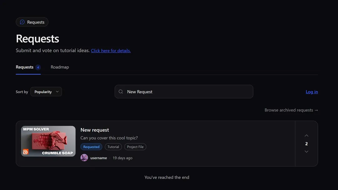 Requests page with tabs, search, and a request card with voting