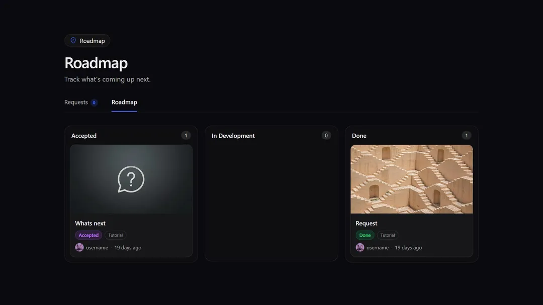 Roadmap page with Accepted, In Development, and Done columns